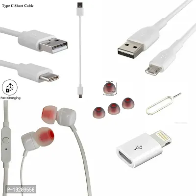 Combo pack of Earphone with mic, type B LED data cable, type C power bank cable(0.2-0.5mm), I Phone to type B connector, earbuds and sim pin.-thumb0