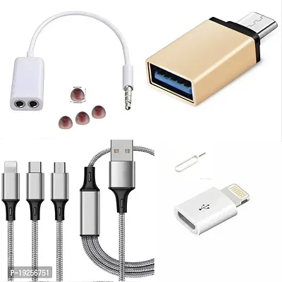 Combo pack of 3in1 data cable, 2in1 earphone connector, OTG type C, I phone to type B connector, earbuds and sim pin.