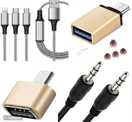 Combo pack of 3in1 data cable, OTG type C, OTG type B, 1m long aux cable, earbuds and sim pin.
