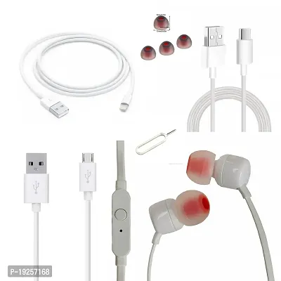 Combo pack of I phone data cable, type B LED data cable, type C LED data cable, earphone with mic, earbuds and sim pin.