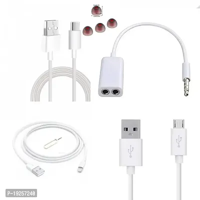 Combo pack of I phone data cable, type B LED data cable, type C LED data cable, 2in1 earphone connector, earbuds and sim pin.