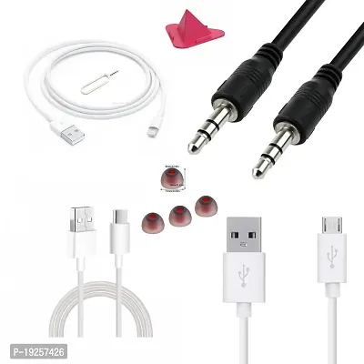 Combo pack of I phone data cable, type B LED data cable, type C LED data cable, 1m long aux cable, pyramid mobile stand, earbuds and sim pin.