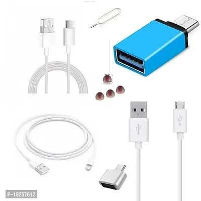 Combo pack of I phone data cable, type C LED data cable, type B LED data cable, OTG type B, OTG type C, earbuds and sim pin.