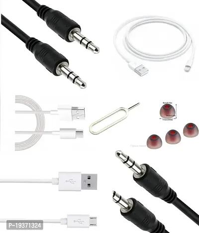 Combo pack of I phone data cable, type B LED data cable, type C LED data cable, 2* aux(1m long), earbuds and sim pin.
