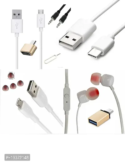 Combo pack of earphone with mic, power bank cable type B( 0.2-0.5mm), power bank cable type C(0.2-0.5mm), type B data cable, 1 m long aux cable, type B  type C OTG, earbuds and sim pin.
