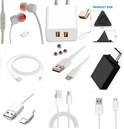 Family combo pack of 5V Charger (type B, type C  I Phone data cable)(power bank cable of type B  type C (0.2-0.5m), Earphone, (3*OTG type B,C, I phone), pyramid stand, earbuds  sim pin.