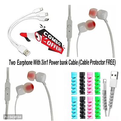 (HAMARI DUKAAN) Combo pack of 2* earphones with mic, short 3in1 power bank and charging cable and cable protector free.