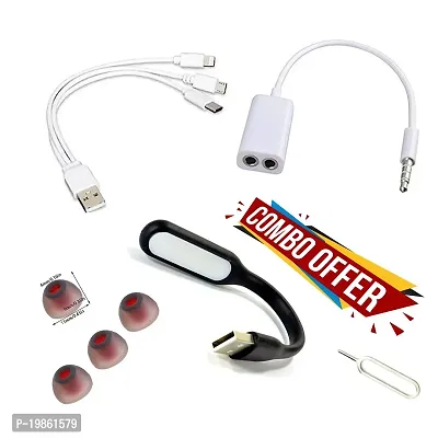 (HAMARI DUKAAN) Combo pack of 3in1 power bank and charging cable, 2in1 earphone connector, USB light, earbuds and sim pin.