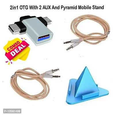 (HAMARI DUKAAN) Combo pack of 2in1 OTG(type B  type C), 2*aux cable 1m long, pyramid mobile stand-thumb0