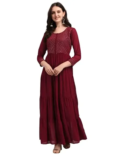 KRIVA Plastics Women's Embroidered Georgette Anarkali Kurta - (Anarkali_LUPI-Maroon-L)