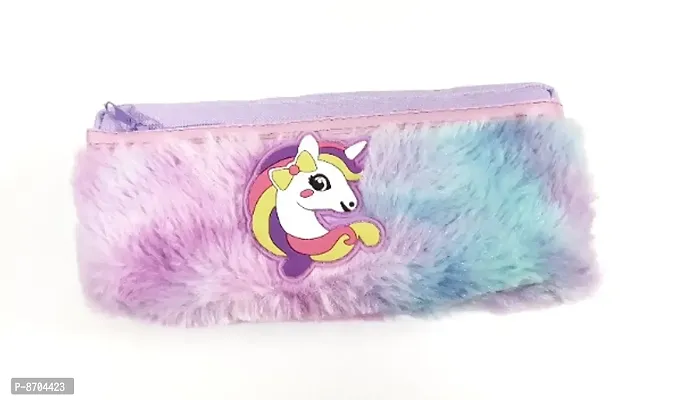 Unicorn Soft Plush Fur Fabric Pencil Storage Case Pouch- Kids (assorted colours pink purple)-thumb0