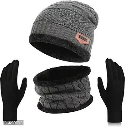 Unisex Winter Wear Wool Beanie Cap Muffler Scarf and Gloves Combo Set (Any Random Color)-thumb0