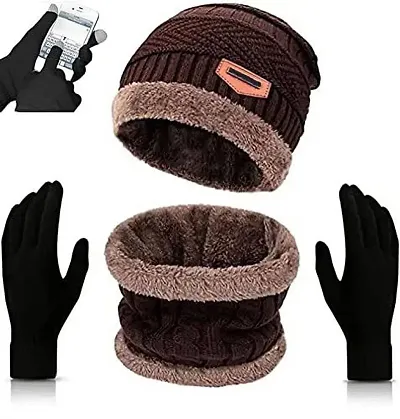 Davidson Latest Stylish Winter Woolen Beanie Cap Scarf (Fur Inside) and Touchscreen Gloves Set for Men and Women Stretch Warm Winter Cap