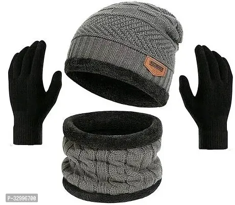 Unisex Winter Wear Wool Beanie Cap Muffler Scarf and Gloves Combo Set (Any Random Color)