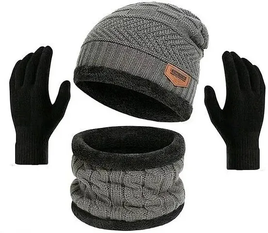 Devil Winter Knit Beanie Cap Hat Neck Warmer Scarf and Woolen Gloves Set Skull Cap for Men Women/Winter Cap for Men (3 Piece)-(Grey)