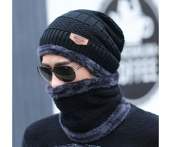 Classy Woolen Beanie Cap with Neck Warmer for Unisex