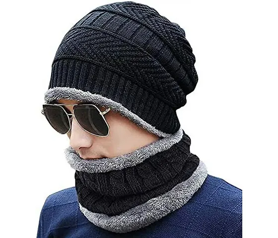 G.FIDEL Winter Knit Beanie Woolen Cap Hat Woolen Neck Warmer Scarf Set for Men & Women Black