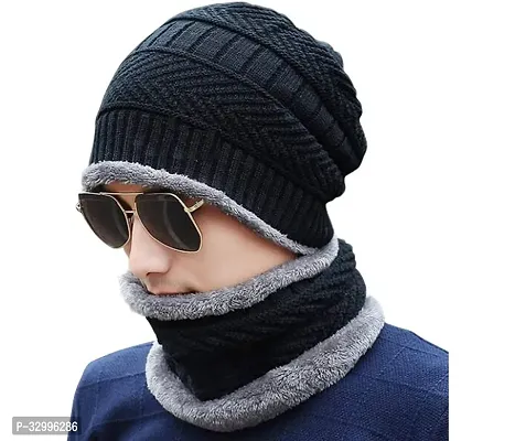 Unisex Winter Wear Wool Beanie Cap Plus Muffler Scarf Combo Set (Any Color)