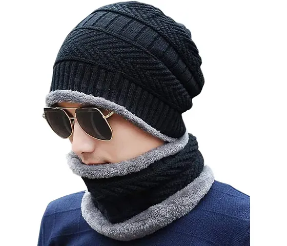 Aenon Fashion Snow Proof Inside Fur Wool Unisex Beanie Cap with Neck Warmer Set Knit Hat Thick Fleece Lined Winter Hat for Men & Women