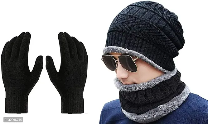 Unisex Winter Wear Wool Beanie Cap Muffler Scarf and Gloves Combo Set (Any Random Color)-thumb0