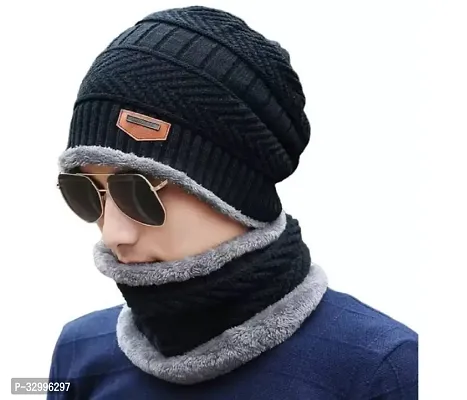 Unisex Winter Wear Wool Beanie Cap Plus Muffler Scarf Combo Set (Any Color)-thumb0