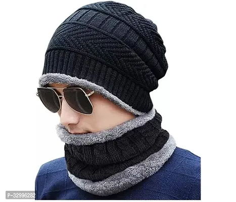 Unisex Winter Wear Wool Beanie Cap Plus Muffler Scarf Combo Set (Any Color)-thumb0