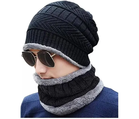 Parivrit Presents The Unisex Woolen Fur Cap Muffler Set | Ultra-Soft and Warm Colored Beanie Neck Warmer Muffler Scarf Set