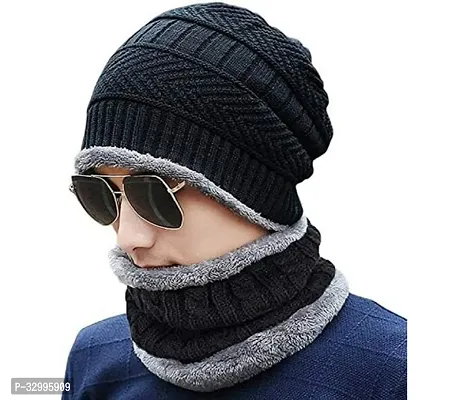 Unisex Winter Wear Wool Beanie Cap Plus Muffler Scarf Combo Set (Any Color)-thumb0