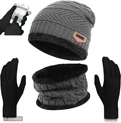 Unisex Winter Wear Wool Beanie Cap Muffler Scarf and Gloves Combo Set (Any Random Color)