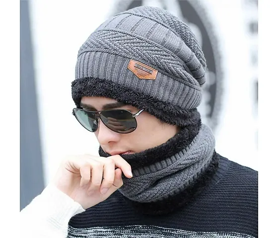 GLAMAXY Men Cap with Neck Scarf Cap, Winter Cap Neck Scarf with Fleece, Unisex Beanie Cap with Neck Warmer for Men Women,Thermal Cap,Thick Fluffy Woolen Cap (Grey)