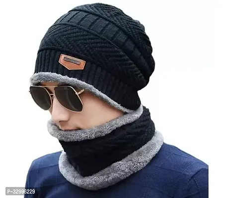 Unisex Winter Wear Wool Beanie Cap Plus Muffler Scarf Combo Set (Any Color)