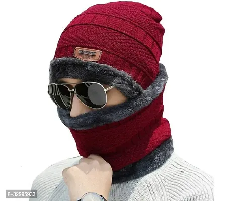 Unisex Winter Wear Wool Beanie Cap Plus Muffler Scarf Combo Set (Any Color)-thumb0