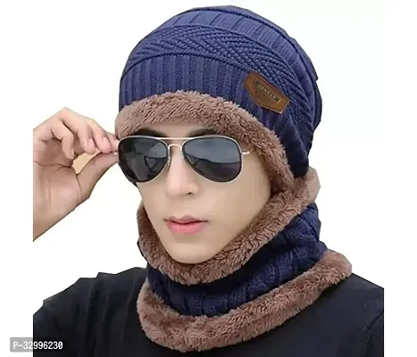 Unisex Winter Wear Wool Beanie Cap Plus Muffler Scarf Combo Set (Any Color)-thumb0