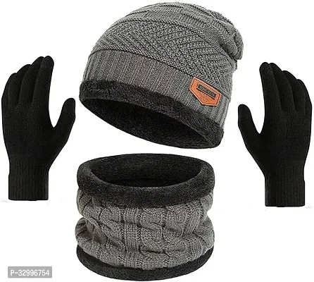 Unisex Winter Wear Wool Beanie Cap Muffler Scarf and Gloves Combo Set (Any Random Color)