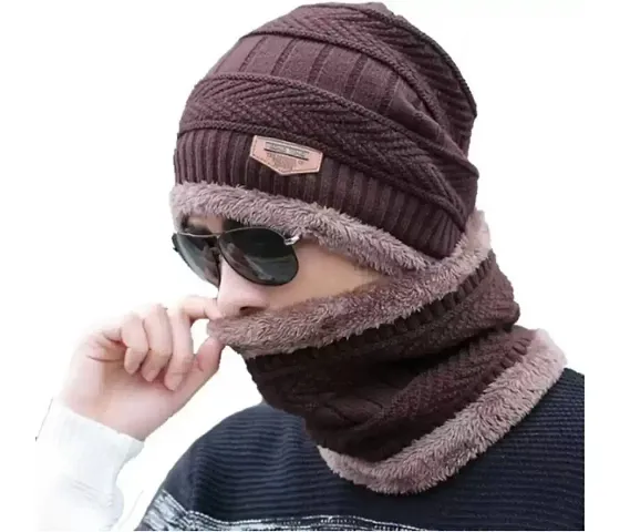 GLAMAXY Men Cap with Neck Scarf Cap, Winter Cap & Neck Scarf with Fleece, Unisex Beanie Cap with Neck Warmer for Men & Women,Thermal Cap,Thick Fluffy Woolen Cap