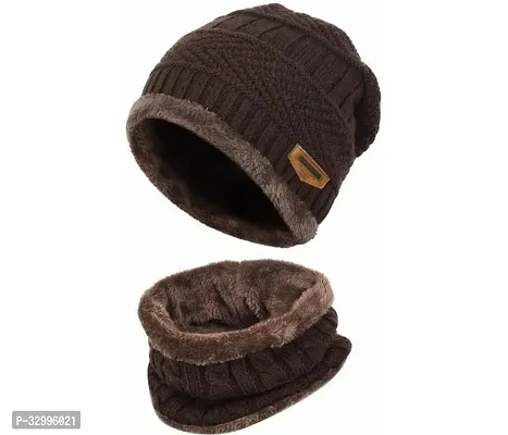 Unisex Winter Wear Wool Beanie Cap Plus Muffler Scarf Combo Set (Any Color)-thumb0