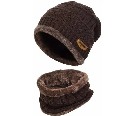 DAVIDSON 2-Pieces Winter Beanie Hat Scarf Set Warm Knit Hat Thick Fleece Lined Winter Hat & Scarf for Men Women (Brown)