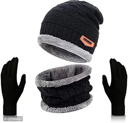 Unisex Winter Wear Wool Beanie Cap Muffler Scarf and Gloves Combo Set (Any Random Color)