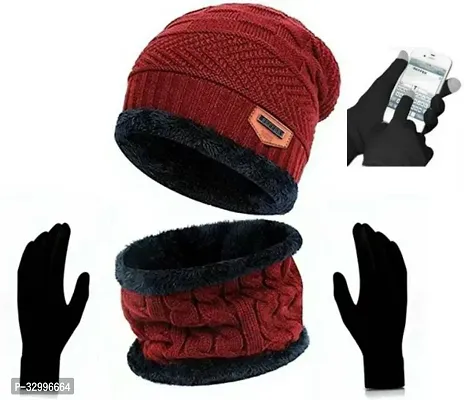 Unisex Winter Wear Wool Beanie Cap Muffler Scarf and Gloves Combo Set (Any Random Color)-thumb0