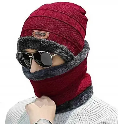 GLAMAXY Men Cap with Neck Scarf Cap, Winter Cap Neck Scarf with Fleece, Unisex Beanie Cap with Neck Warmer for Men Women,Thermal Cap,Thick Fluffy Woolen Cap (Maroon)