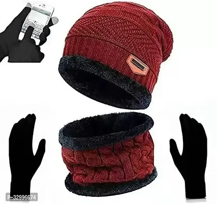 Unisex Winter Wear Wool Beanie Cap Muffler Scarf and Gloves Combo Set (Any Random Color)