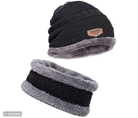 Unisex Winter Wear Wool Beanie Cap Plus Muffler Scarf Combo Set-thumb0