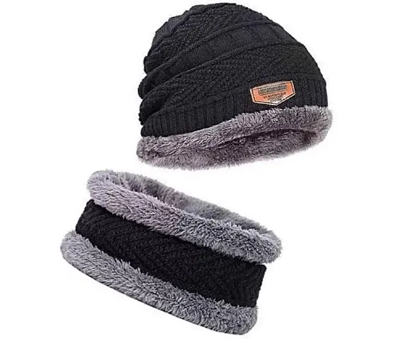 DIGITAL SHOPEE 2 Pieces Winter Cap Neck Scarf Set Warm Knitted Fur Lined for Men  Women Free Size