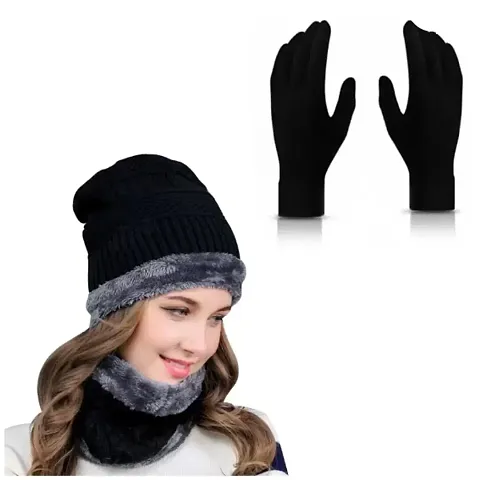 Winter Fur Woolen Cap Neck Set with Gloves -