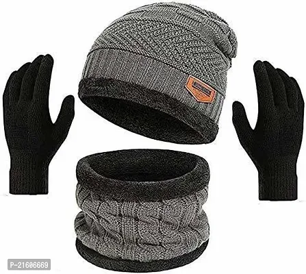 Winter Fur Woolen Cap Neck Set with Gloves  (Unisex) -Grey-thumb0