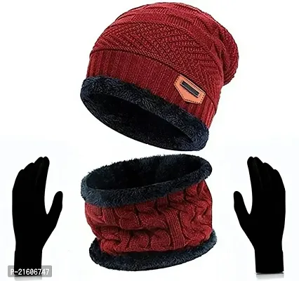 Winter Fur Woolen Cap Neck Set with Gloves  (Unisex) -Maroon-thumb0