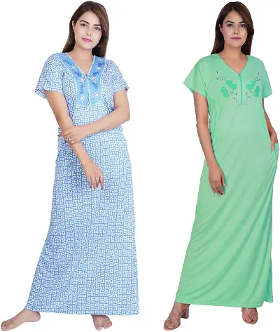 Premium Cotton Hosiery Printed Nighty For Women - Pack Of 2