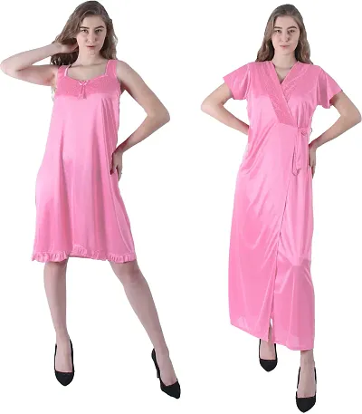 Elegant Satin Solid Nighty Set- 2 Pieces