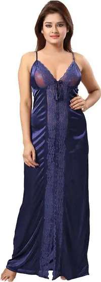 RangMor Unit of Shagun traders Women's Satin Nighty/Nightgown/Nightshirt (Dark Blue,Free) (VN Nighty017_Navy)