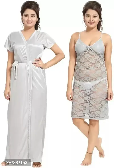 Elegant Satin Net Self Pattern Nighty with Robe Set For Women- 2 Pieces